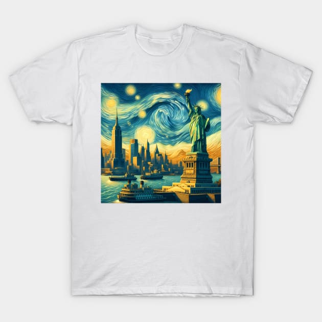 New York City, USA, in the style of Vincent van Gogh's Starry Night T-Shirt by CreativeSparkzz